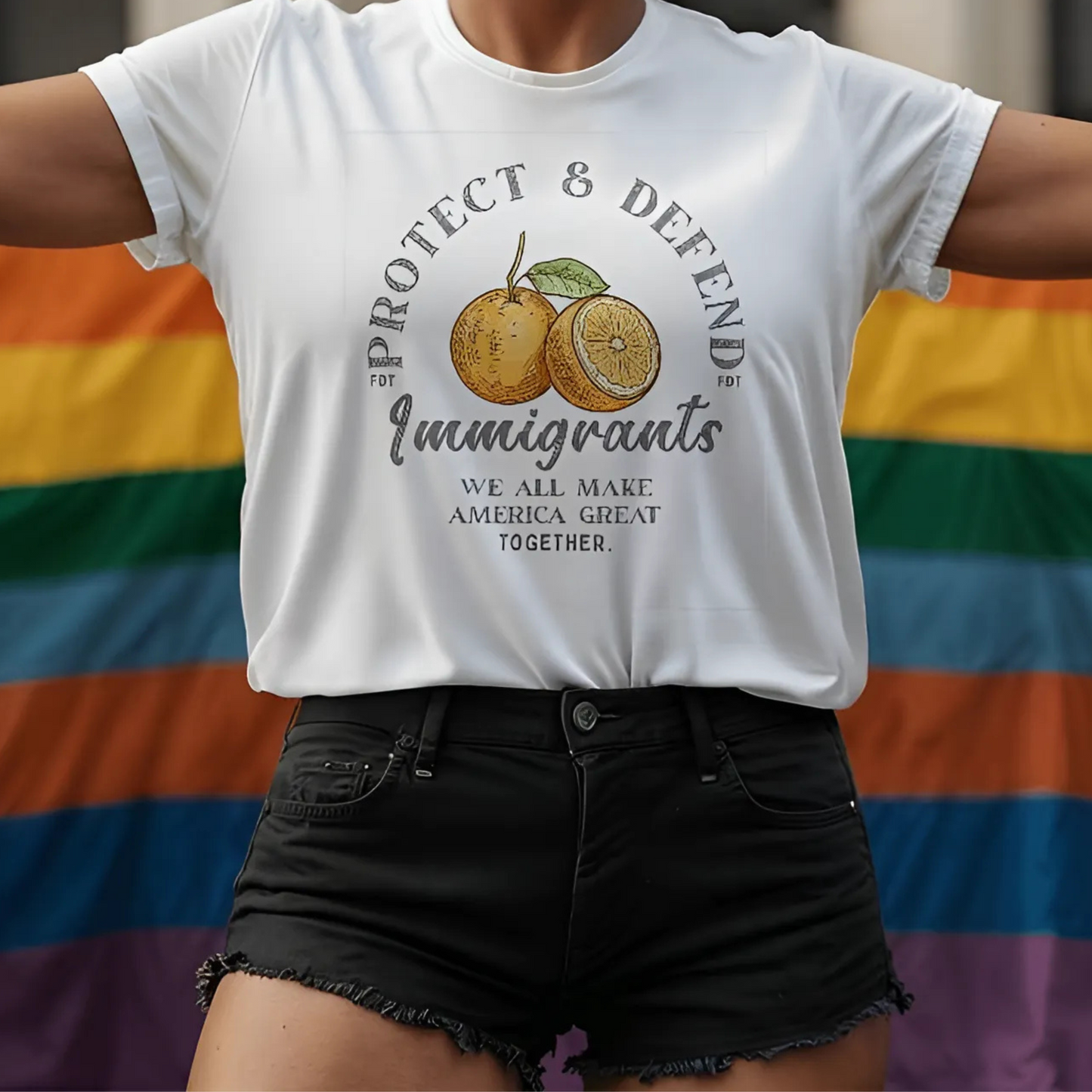 Support Immigrants: Protect and Defend Immigrants. We all make America great. TOGETHER. Orange Strawberries Bow Unisex WHITE T-Shirt