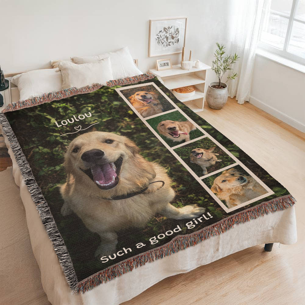 Pet Lover Custom Photo Woven Blanket Gift| Personalized Name & Pictures Dog Lover, Cat Lover Birthday Christmas Housewarming Gift | 3 sizes