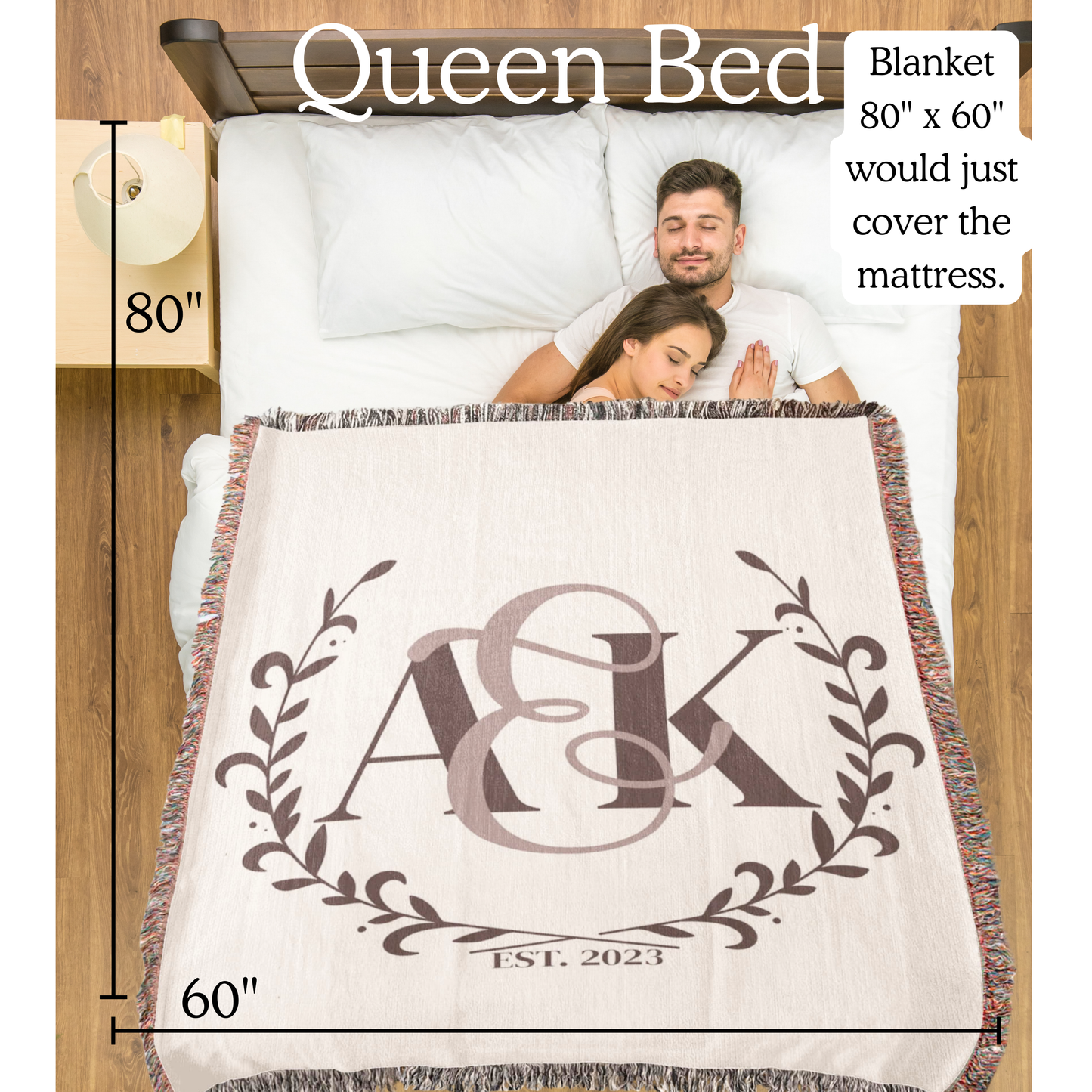 Custom COUPLE Monogram Cotton Blanket Second ANNIVERSARY Gift Personalized Wife Husband Bride Groom Heirloom Woven Throw Dark Cocoa Letters