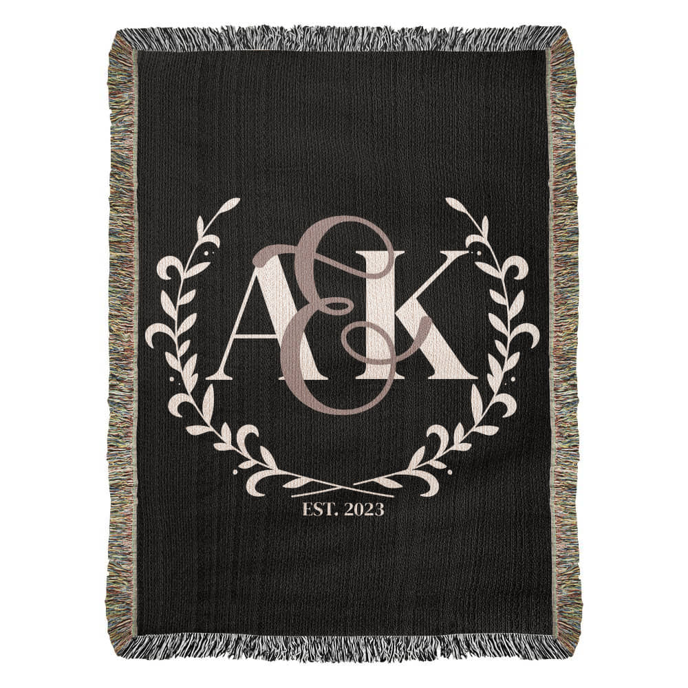 Custom COUPLE Monogram Cotton Blanket Second ANNIVERSARY Engagement Gift Personalized Wife Husband Bride Groom Woven Throw White Letters