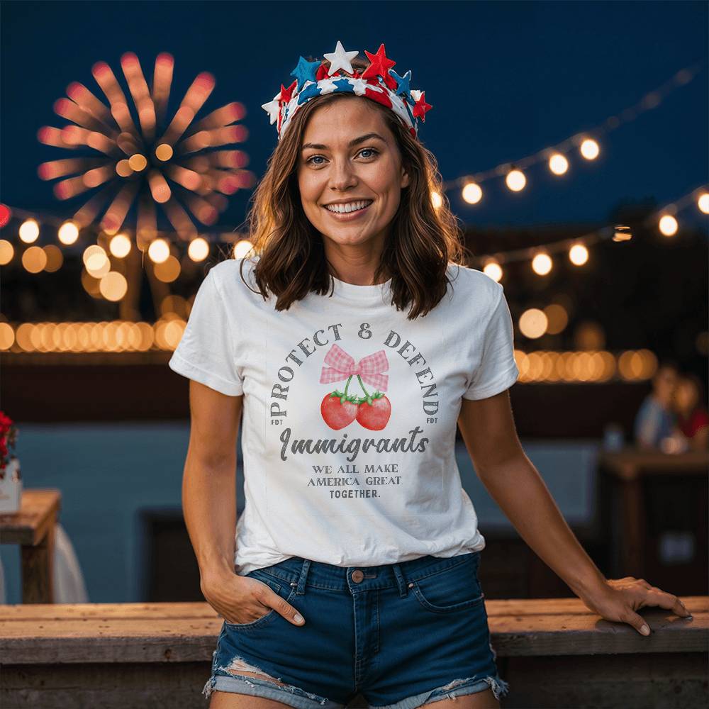 Support Immigrants: Protect and Defend Immigrants. We all make America great. TOGETHER. Orange Strawberries Bow Unisex WHITE T-Shirt