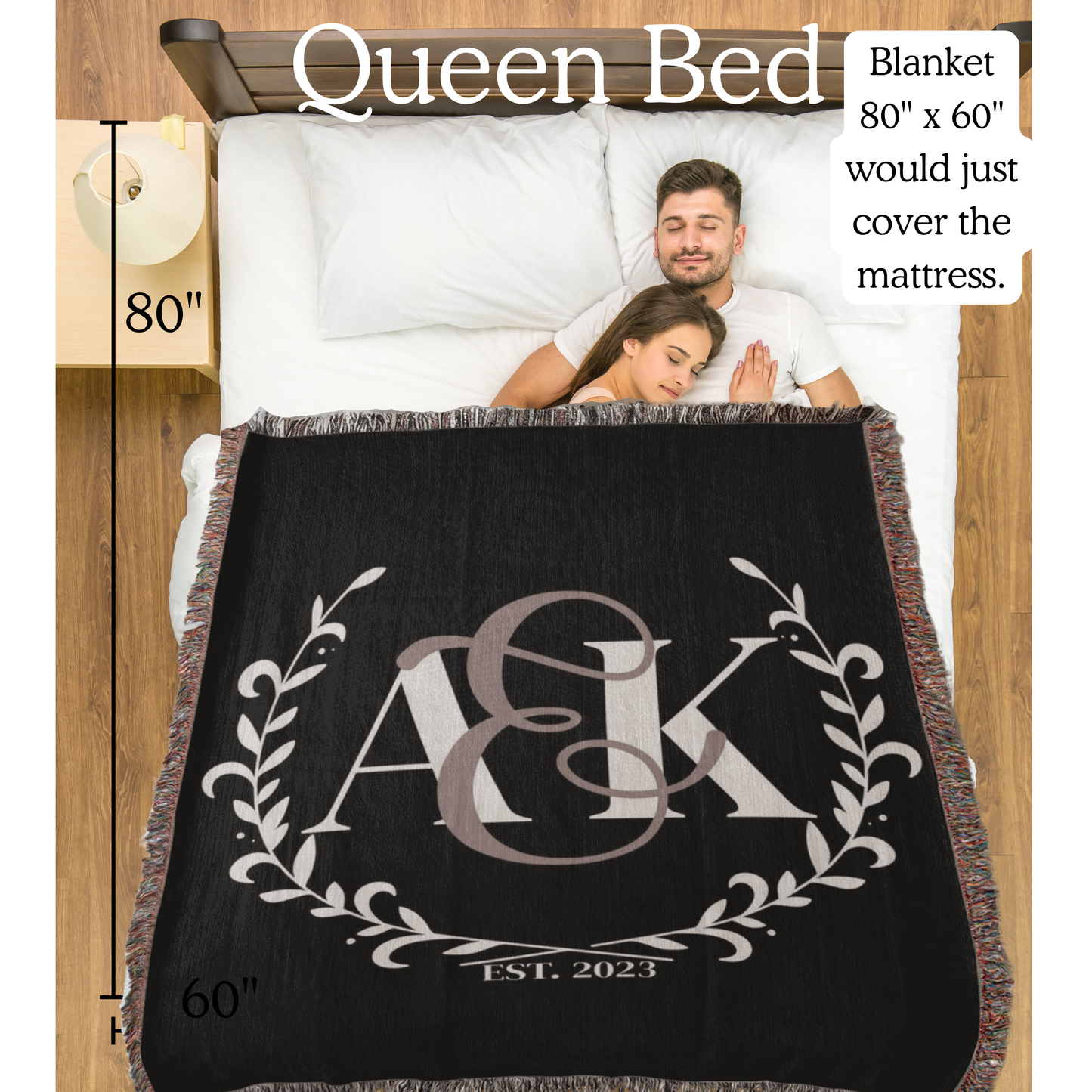 Custom COUPLE Monogram Cotton Blanket Second ANNIVERSARY Engagement Gift Personalized Wife Husband Bride Groom Woven Throw White Letters