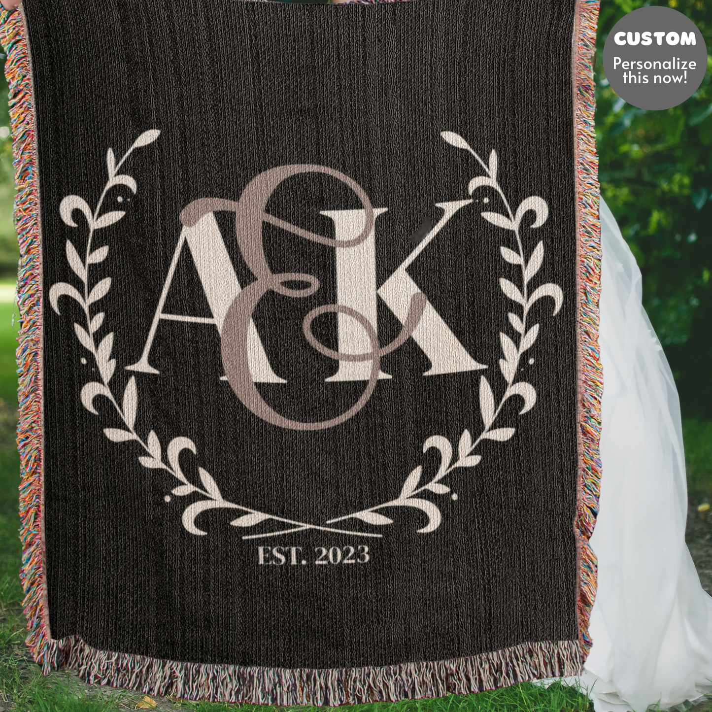 Custom COUPLE Monogram Cotton Blanket Second ANNIVERSARY Engagement Gift Personalized Wife Husband Bride Groom Woven Throw White Letters
