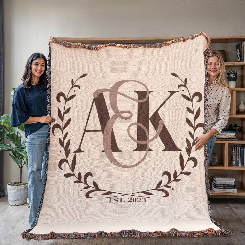Custom COUPLE Monogram Cotton Blanket Second ANNIVERSARY Gift Personalized Wife Husband Bride Groom Heirloom Woven Throw Dark Cocoa Letters