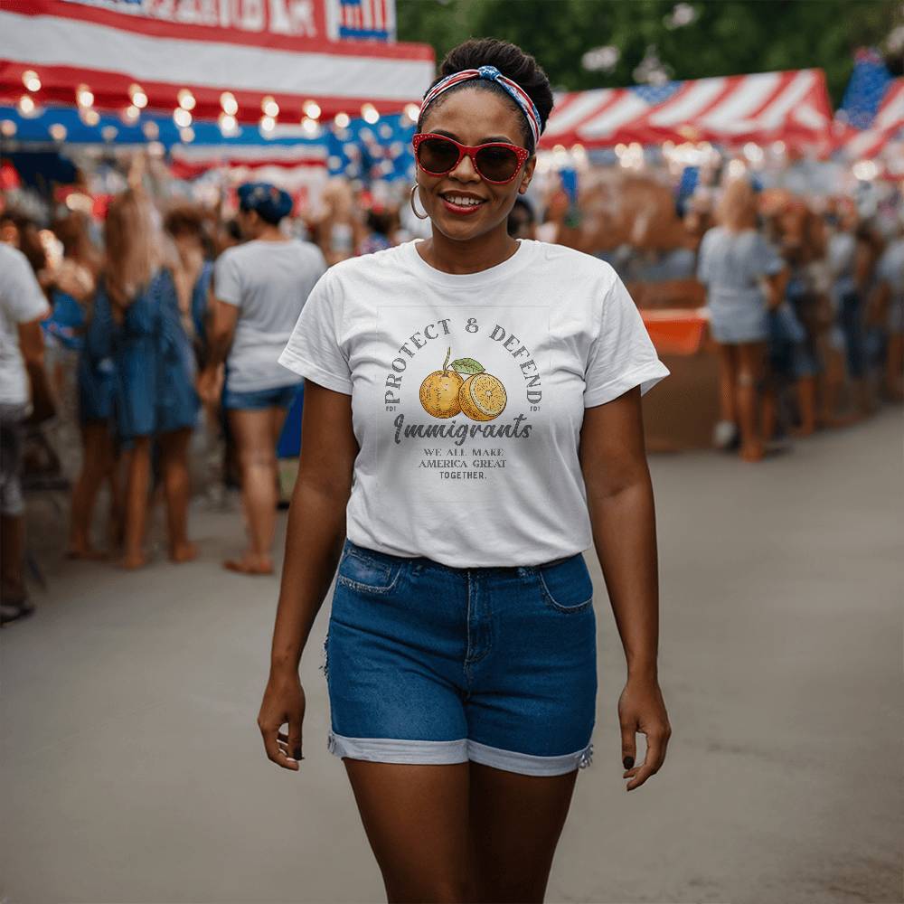 Support Immigrants: Protect and Defend Immigrants. We all make America great. TOGETHER. Orange Strawberries Bow Unisex WHITE T-Shirt