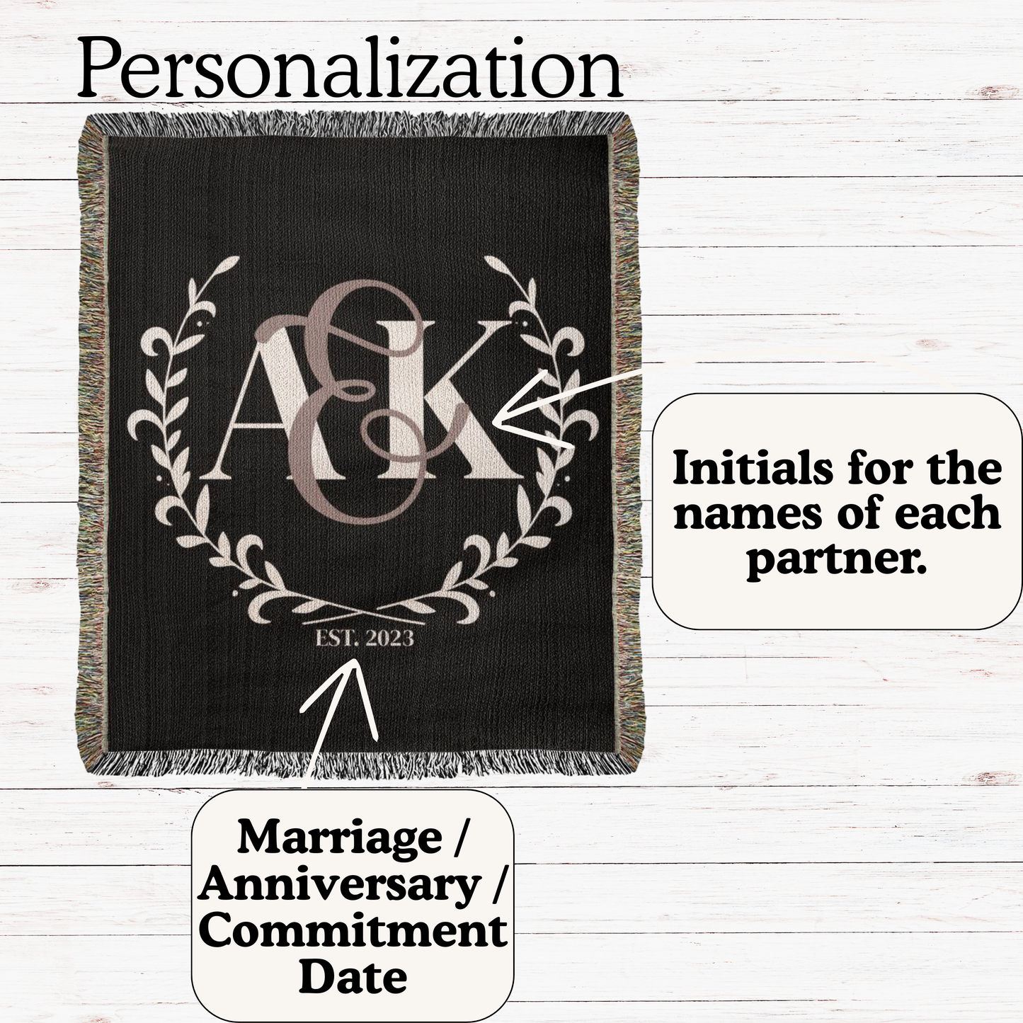 Custom COUPLE Monogram Cotton Blanket Second ANNIVERSARY Engagement Gift Personalized Wife Husband Bride Groom Woven Throw White Letters