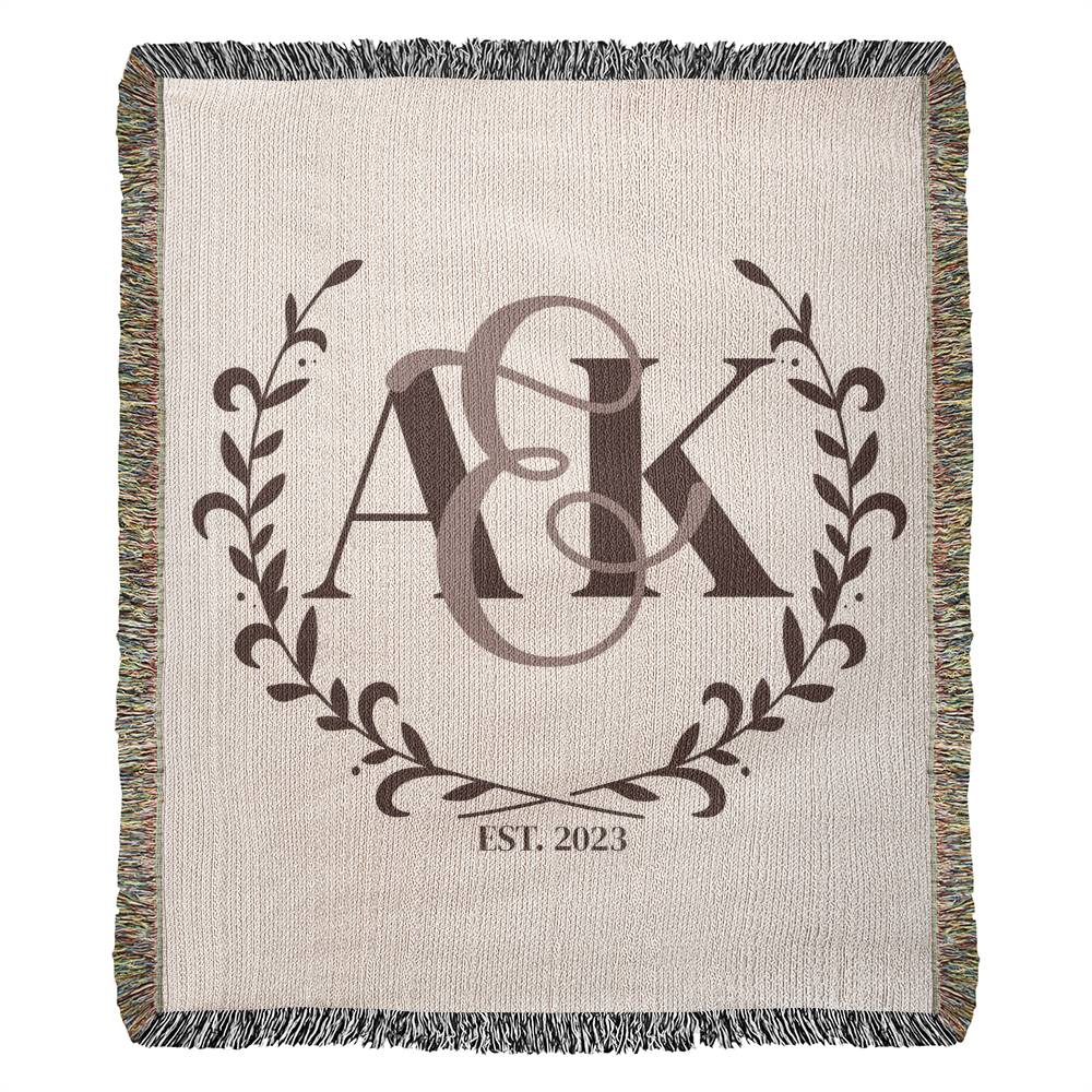 Custom COUPLE Monogram Cotton Blanket Second ANNIVERSARY Gift Personalized Wife Husband Bride Groom Heirloom Woven Throw Dark Cocoa Letters