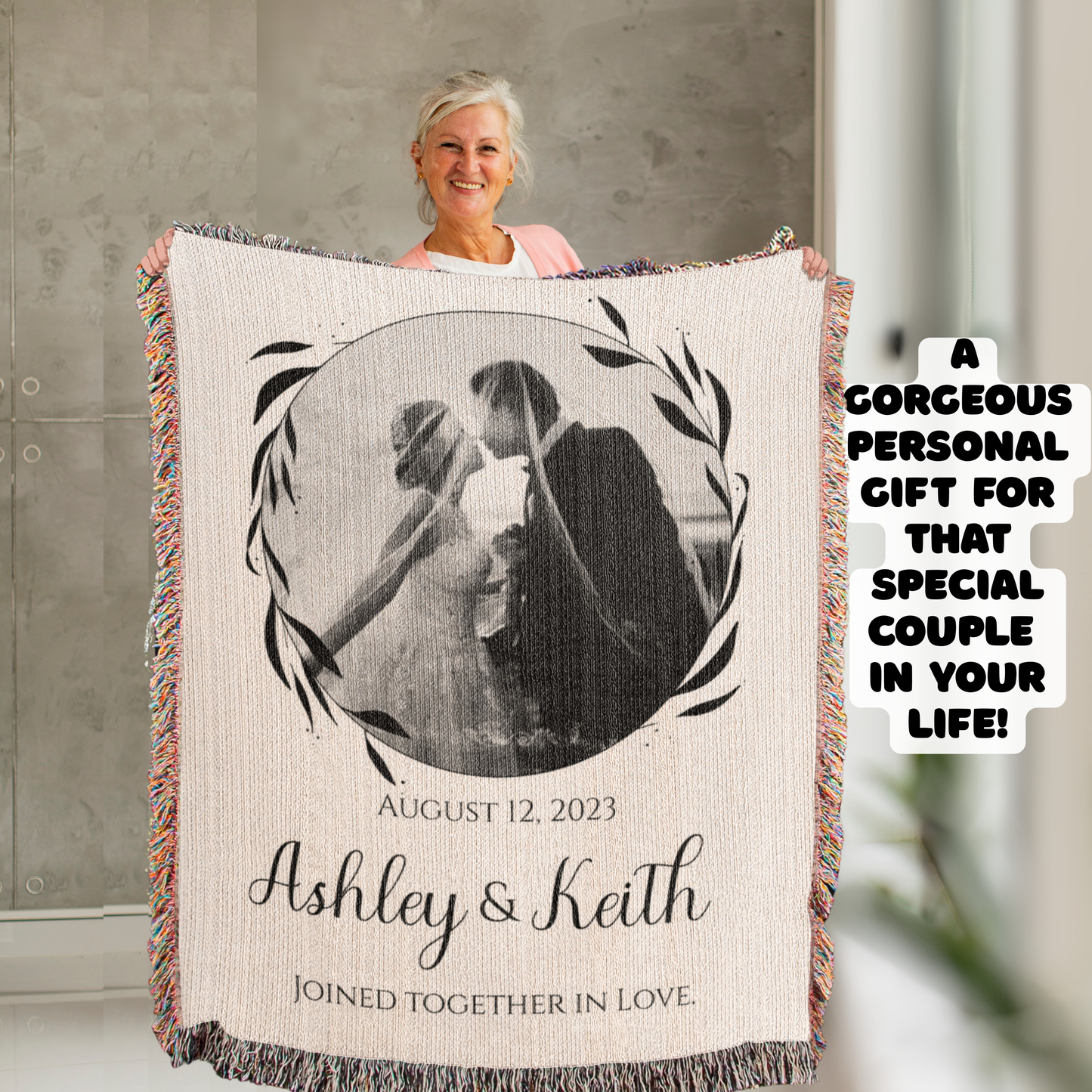 Custom COUPLE Cotton Blanket Second ANNIVERSARY Gift Personalized Photo Names Wife Husband Bride Groom Heirloom Woven Blanket Throw