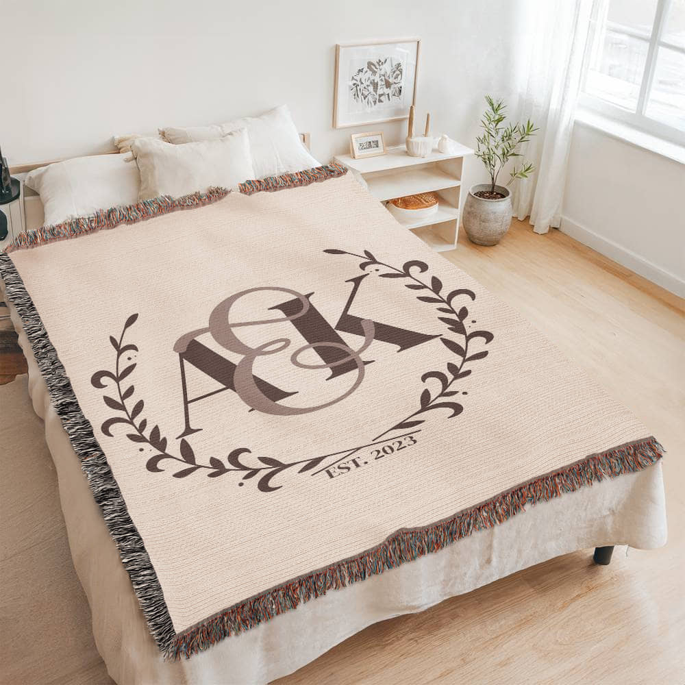 Custom COUPLE Monogram Cotton Blanket Second ANNIVERSARY Gift Personalized Wife Husband Bride Groom Heirloom Woven Throw Dark Cocoa Letters