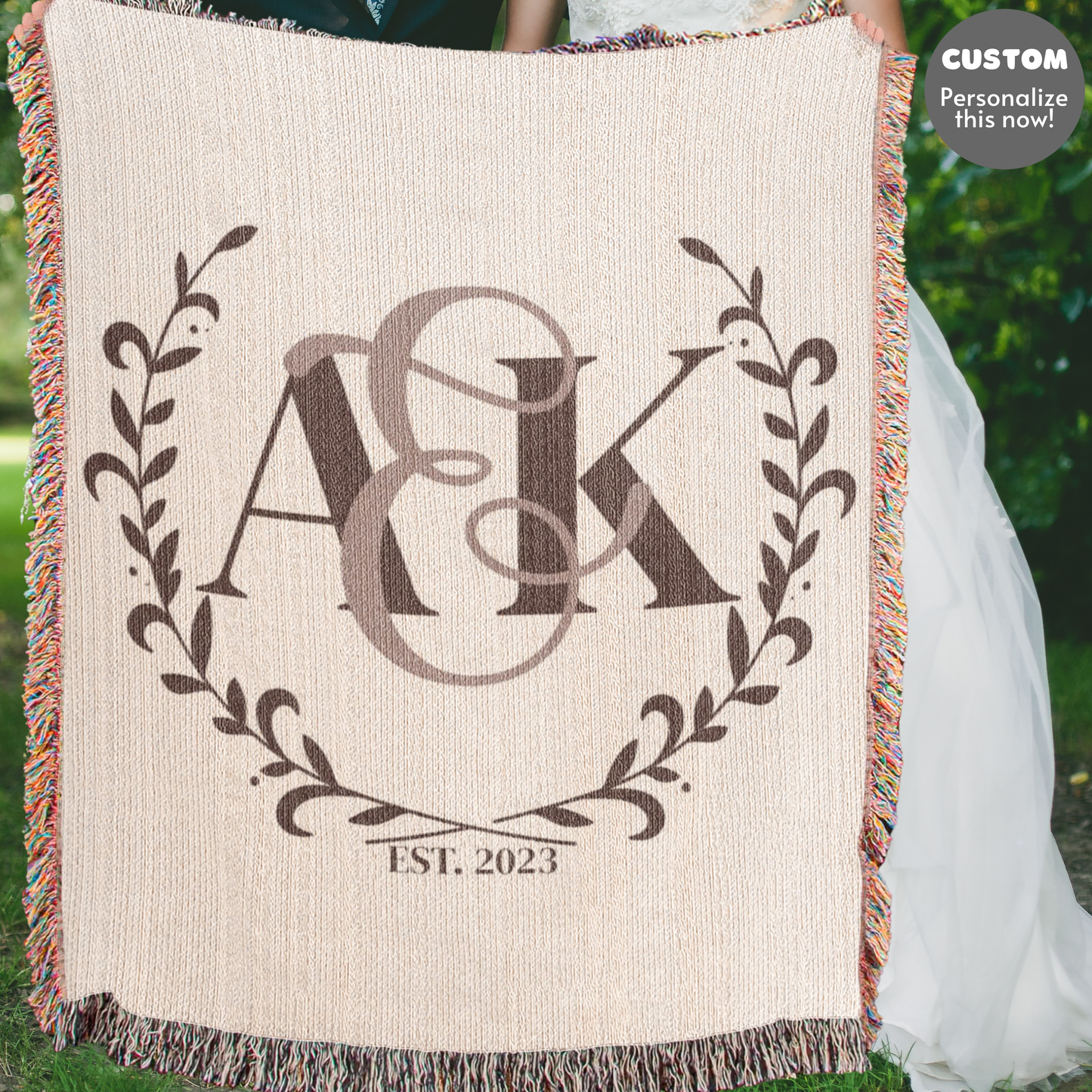 Custom COUPLE Monogram Cotton Blanket Second ANNIVERSARY Gift Personalized Wife Husband Bride Groom Heirloom Woven Throw Dark Cocoa Letters