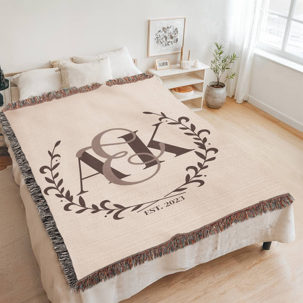 Custom COUPLE Monogram Cotton Blanket Second ANNIVERSARY Gift Personalized Wife Husband Bride Groom Heirloom Woven Throw Dark Cocoa Letters