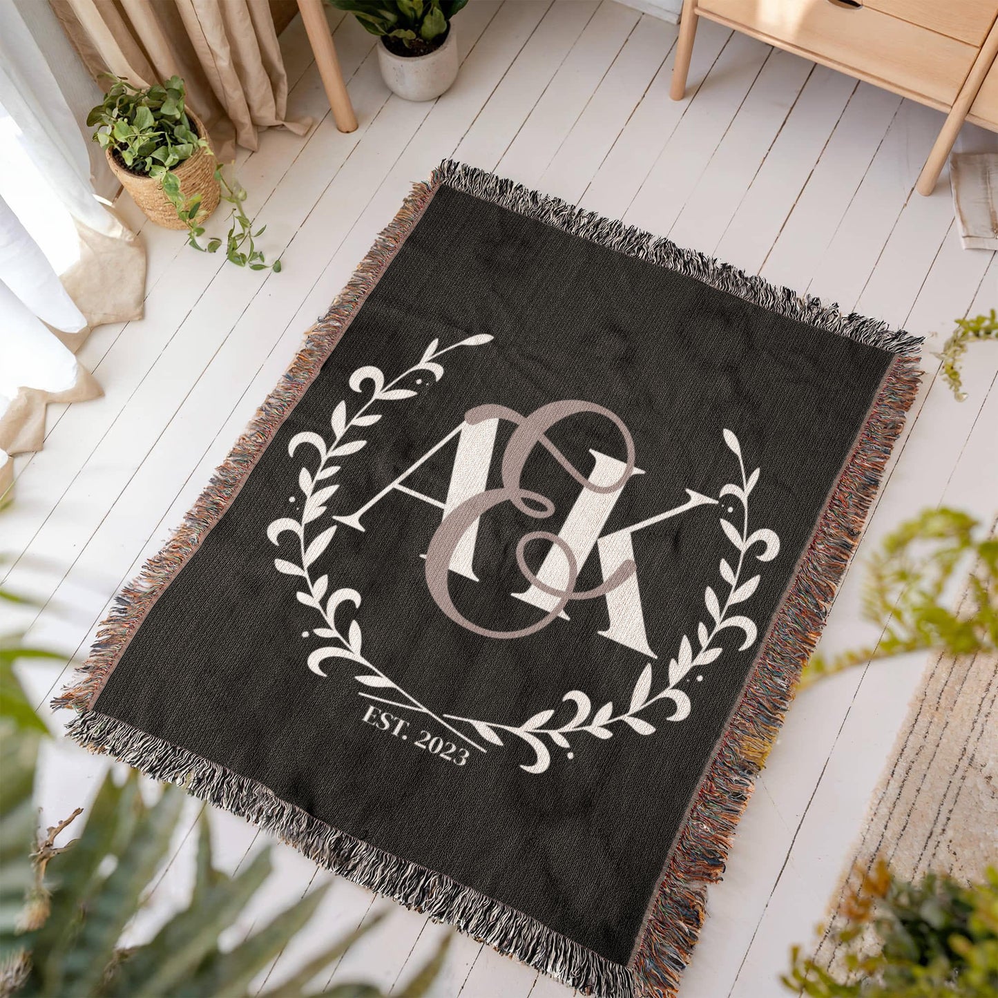 Custom COUPLE Monogram Cotton Blanket Second ANNIVERSARY Engagement Gift Personalized Wife Husband Bride Groom Woven Throw White Letters