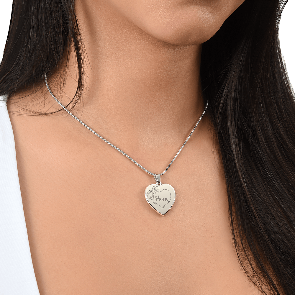 Mom Necklace Engraved, Coquette Bow Heart Design, Personal Message Engraved on Back