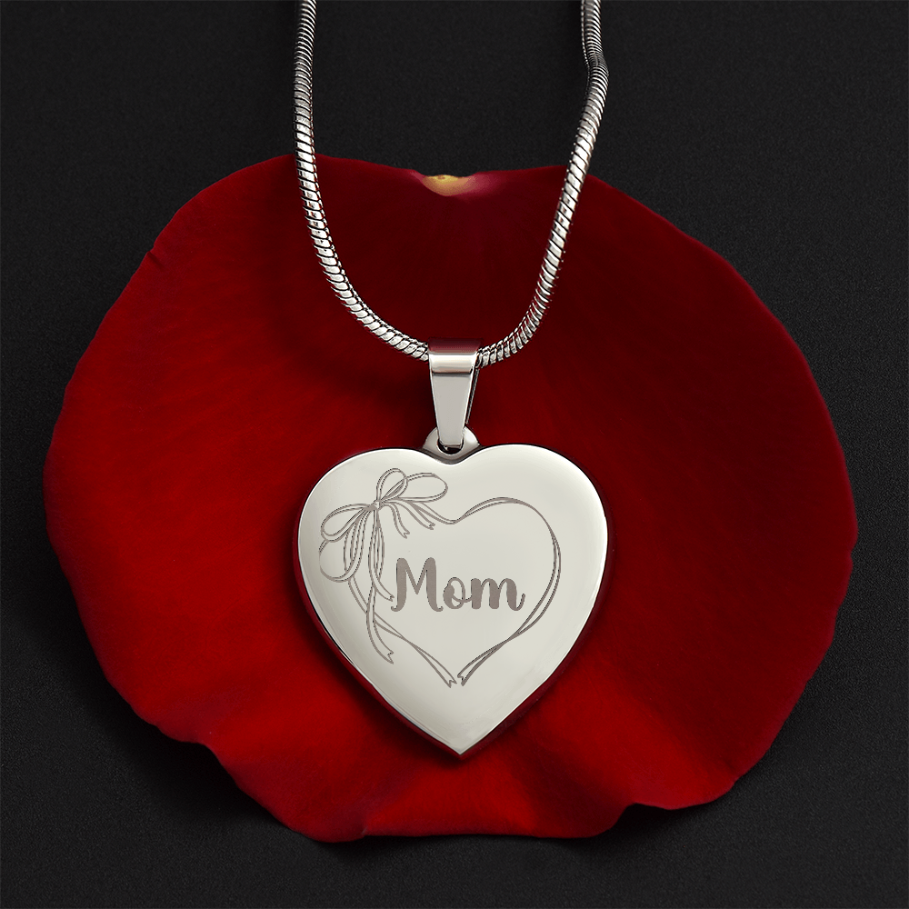 Mom Necklace Engraved, Coquette Bow Heart Design, Personal Message Engraved on Back