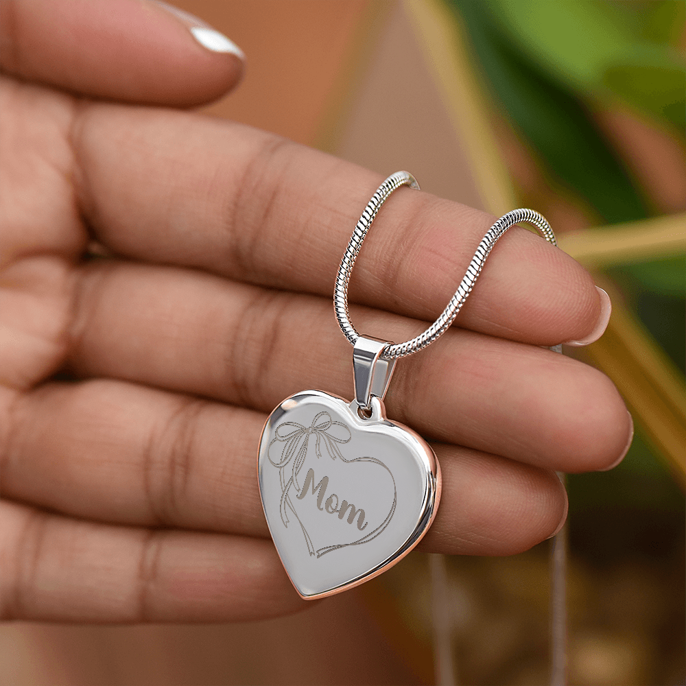 Mom Necklace Engraved, Coquette Bow Heart Design, Personal Message Engraved on Back