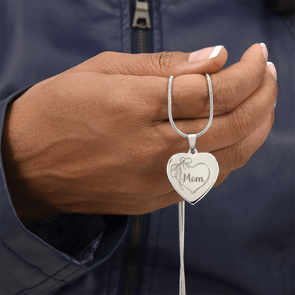 Mom Necklace Engraved, Coquette Bow Heart Design, Personal Message Engraved on Back