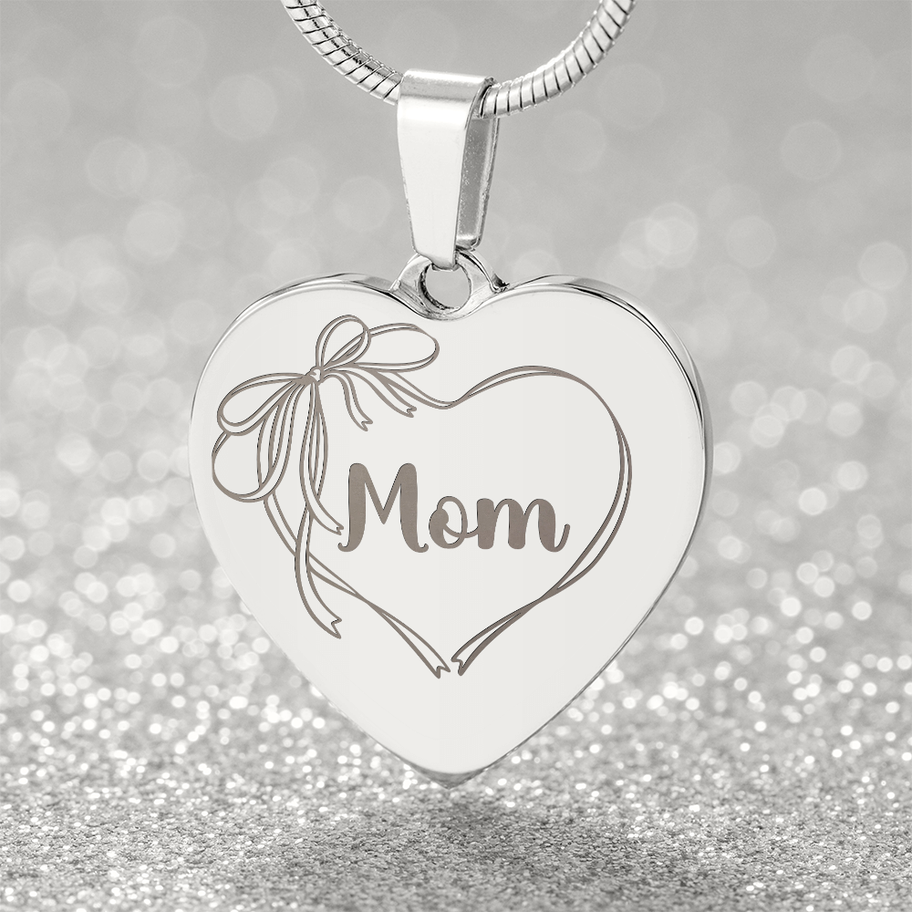 Mom Necklace Engraved, Coquette Bow Heart Design, Personal Message Engraved on Back
