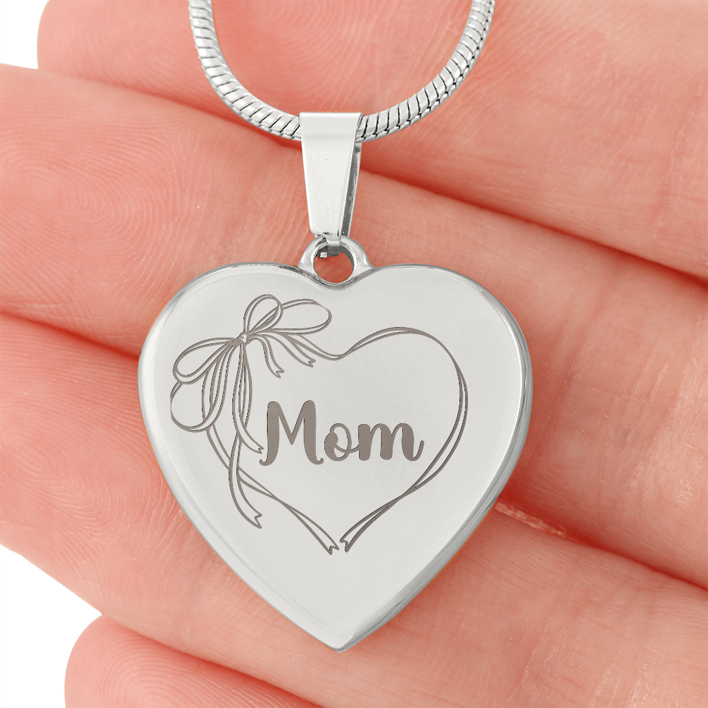 Mom Necklace Engraved, Coquette Bow Heart Design, Personal Message Engraved on Back