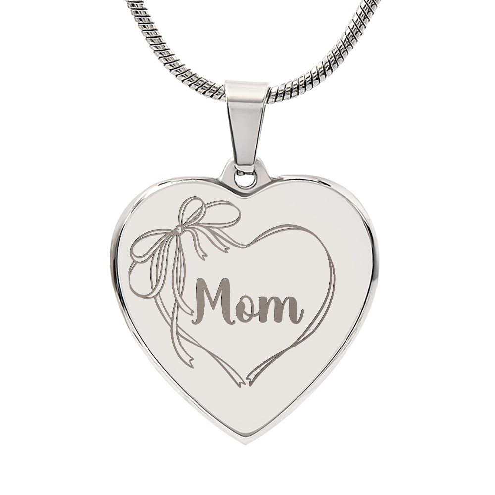 Mom Necklace Engraved, Coquette Bow Heart Design, Personal Message Engraved on Back
