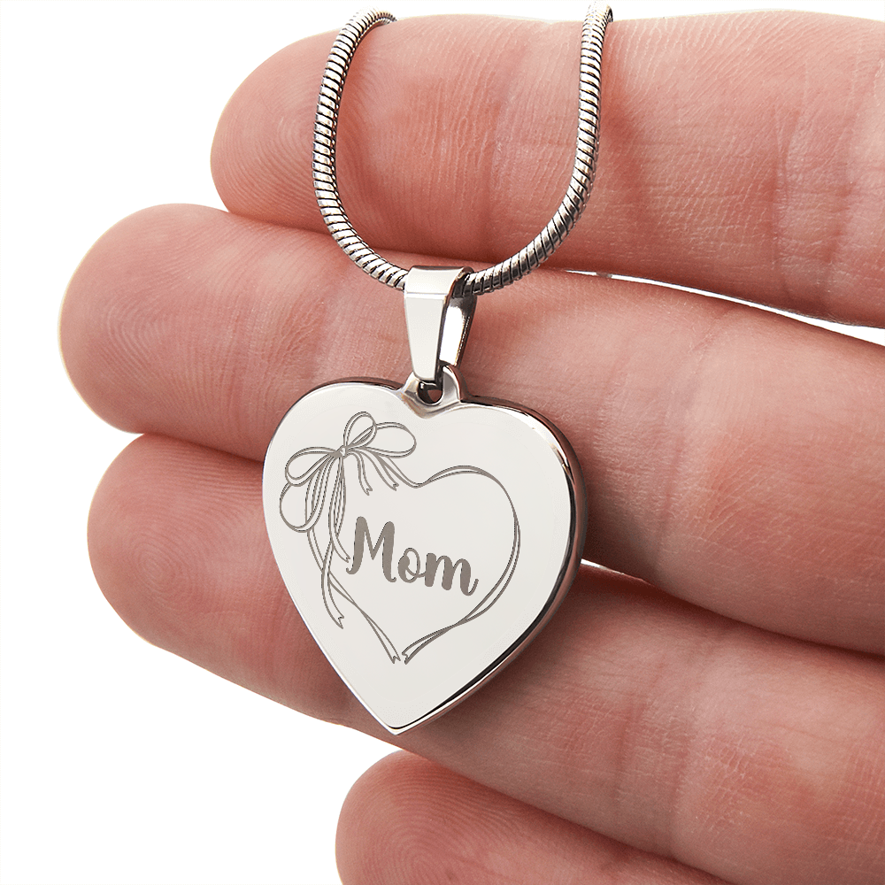 Mom Necklace Engraved, Coquette Bow Heart Design, Personal Message Engraved on Back