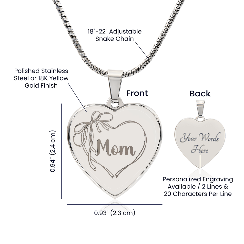 Mom Necklace Engraved, Coquette Bow Heart Design, Personal Message Engraved on Back