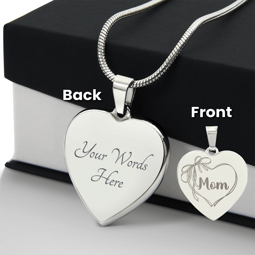 Mom Necklace Engraved, Coquette Bow Heart Design, Personal Message Engraved on Back