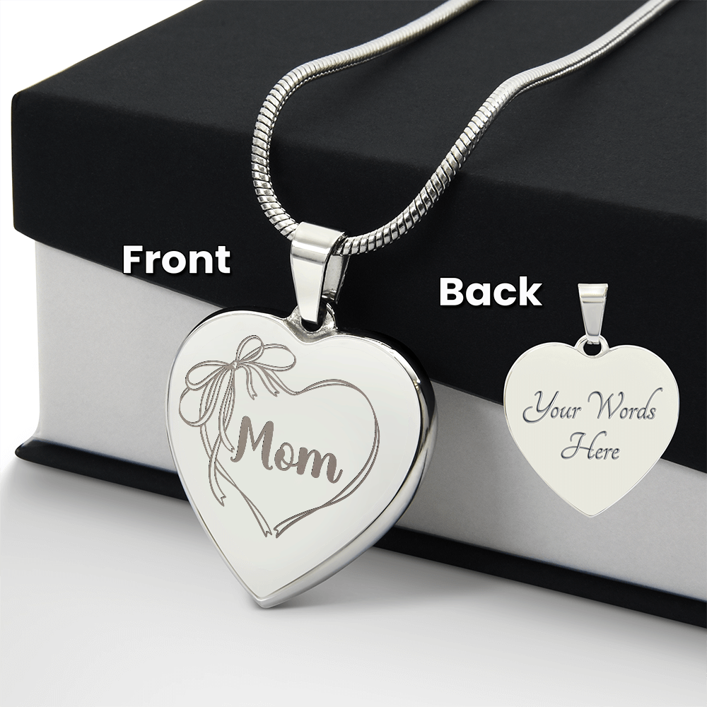 Mom Necklace Engraved, Coquette Bow Heart Design, Personal Message Engraved on Back
