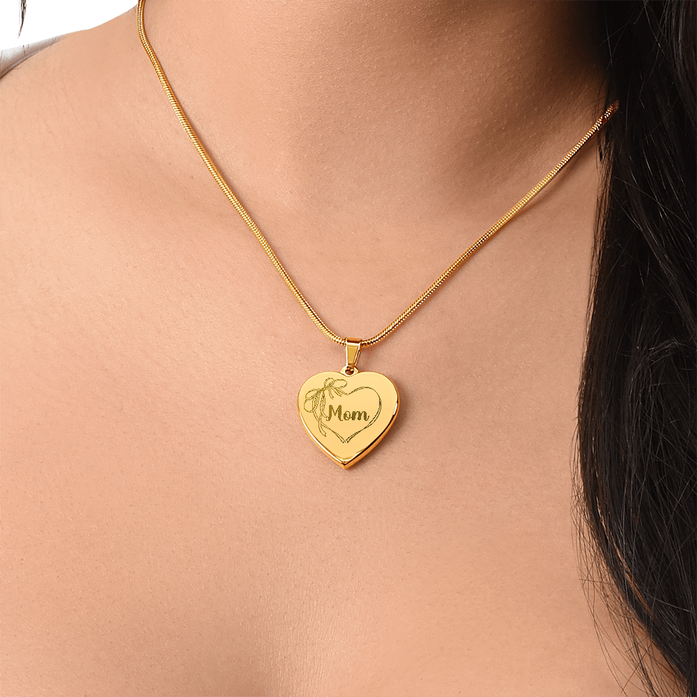 Mom Necklace Engraved, Coquette Bow Heart Design, Personal Message Engraved on Back