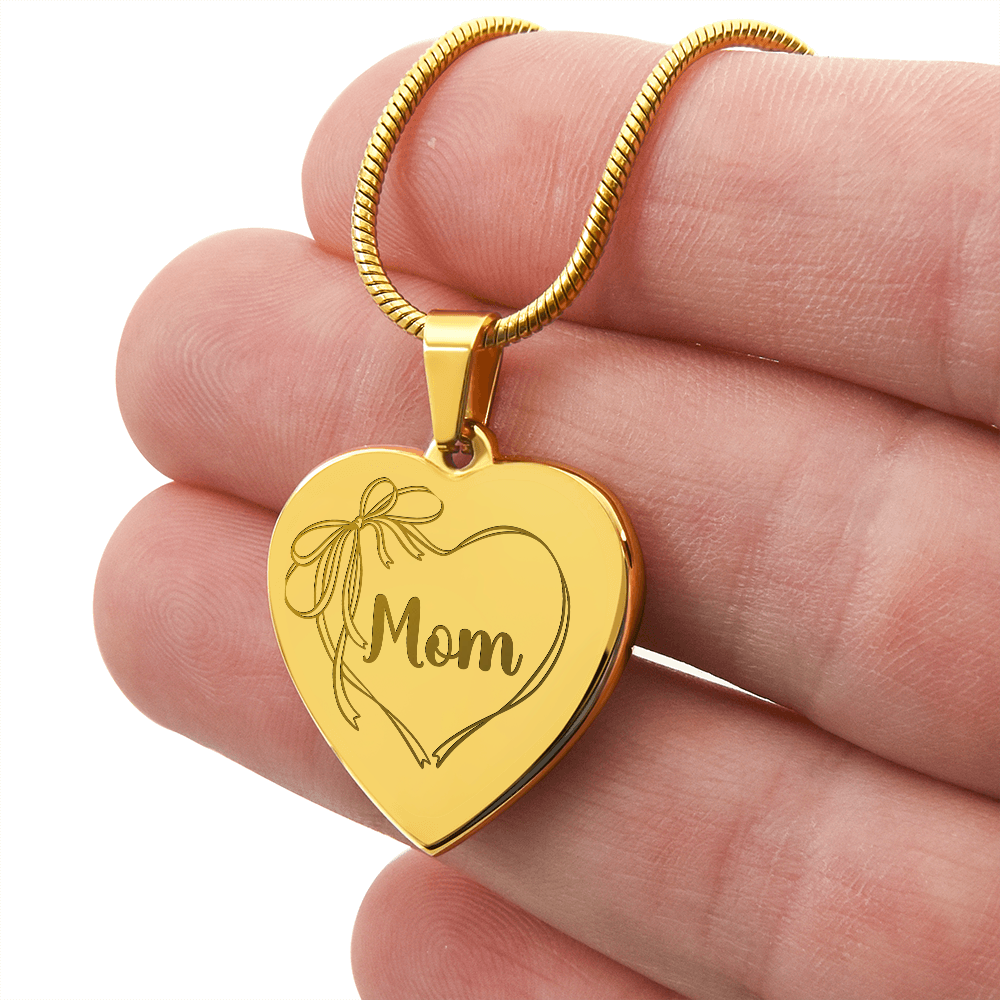 Mom Necklace Engraved, Coquette Bow Heart Design, Personal Message Engraved on Back