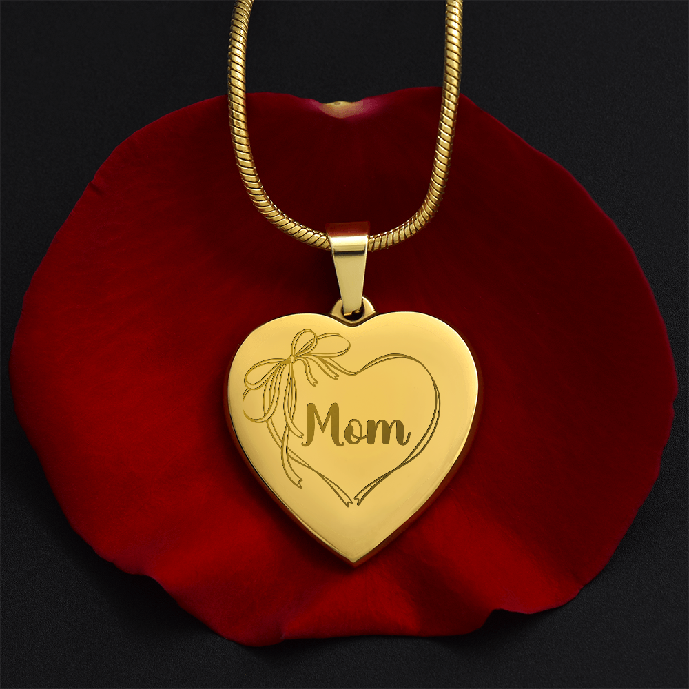 Mom Necklace Engraved, Coquette Bow Heart Design, Personal Message Engraved on Back