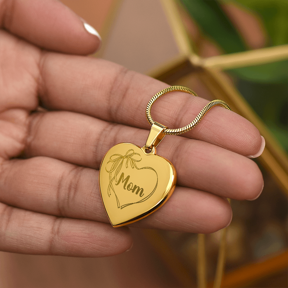 Mom Necklace Engraved, Coquette Bow Heart Design, Personal Message Engraved on Back
