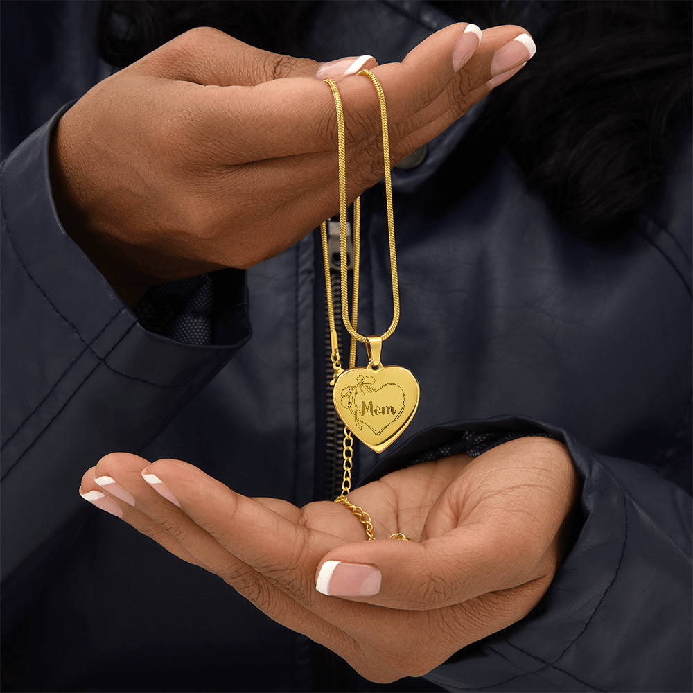 Mom Necklace Engraved, Coquette Bow Heart Design, Personal Message Engraved on Back