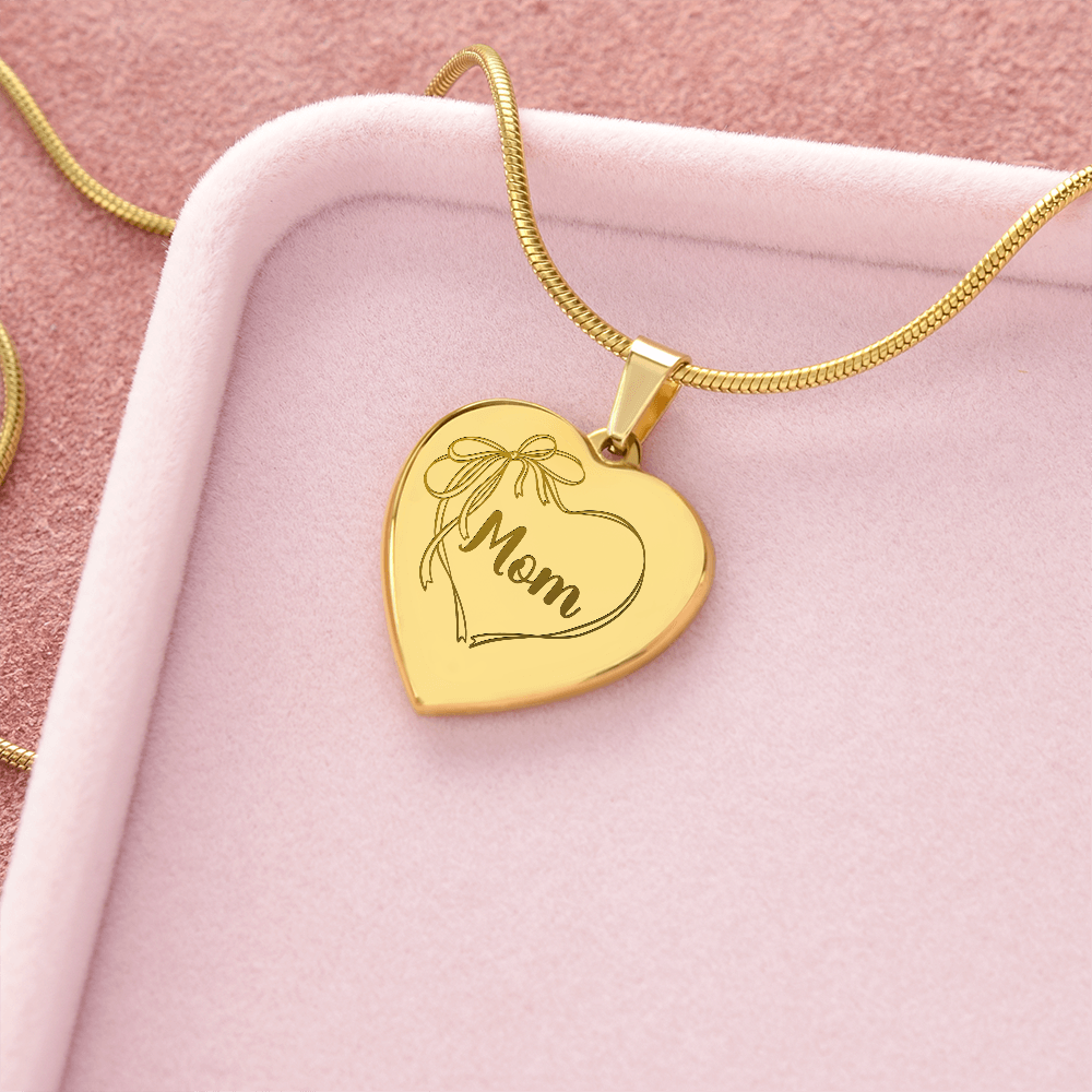 Mom Necklace Engraved, Coquette Bow Heart Design, Personal Message Engraved on Back