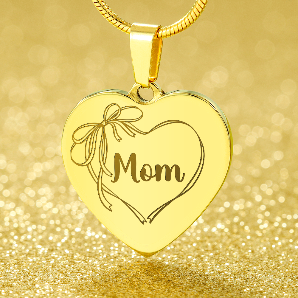 Mom Necklace Engraved, Coquette Bow Heart Design, Personal Message Engraved on Back