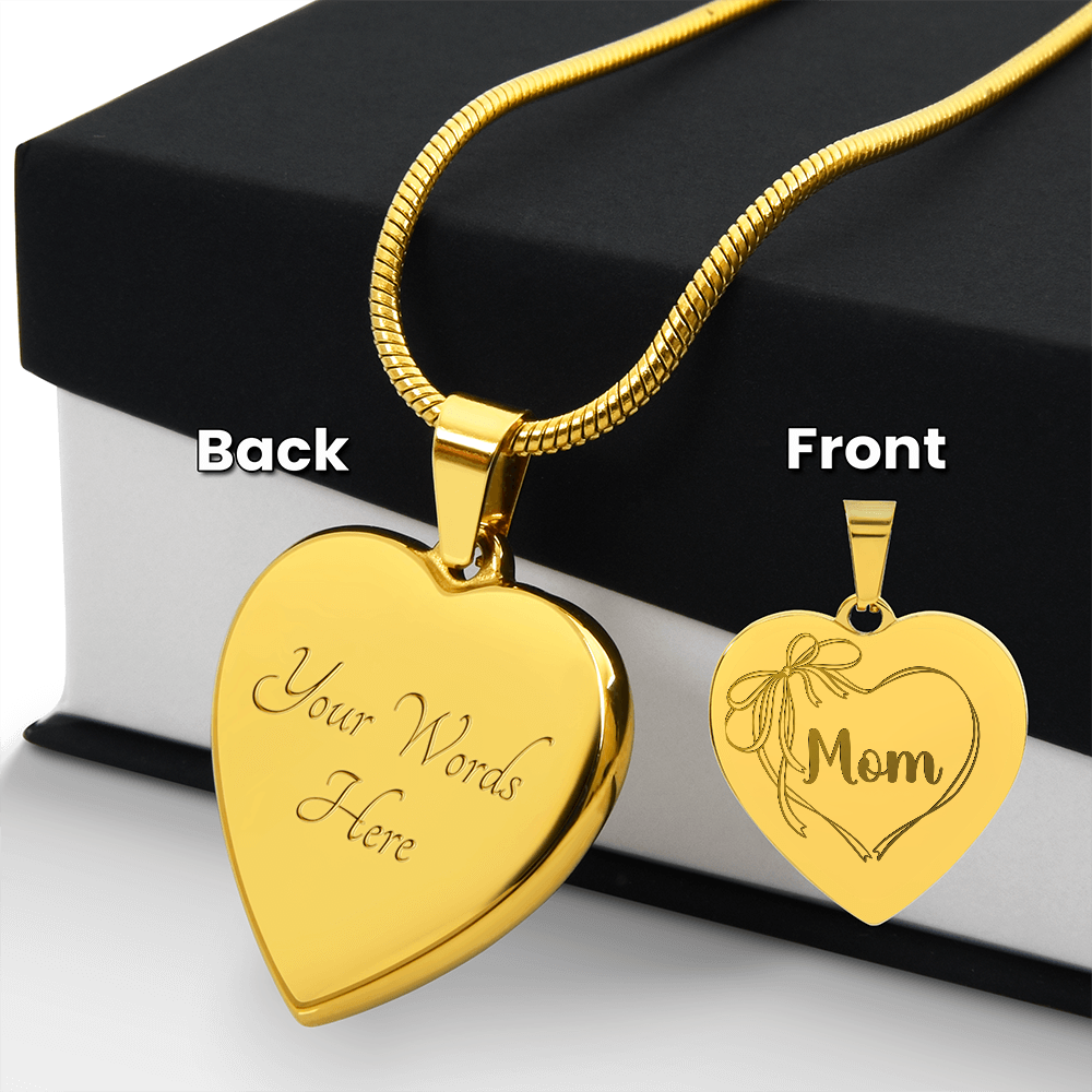 Mom Necklace Engraved, Coquette Bow Heart Design, Personal Message Engraved on Back
