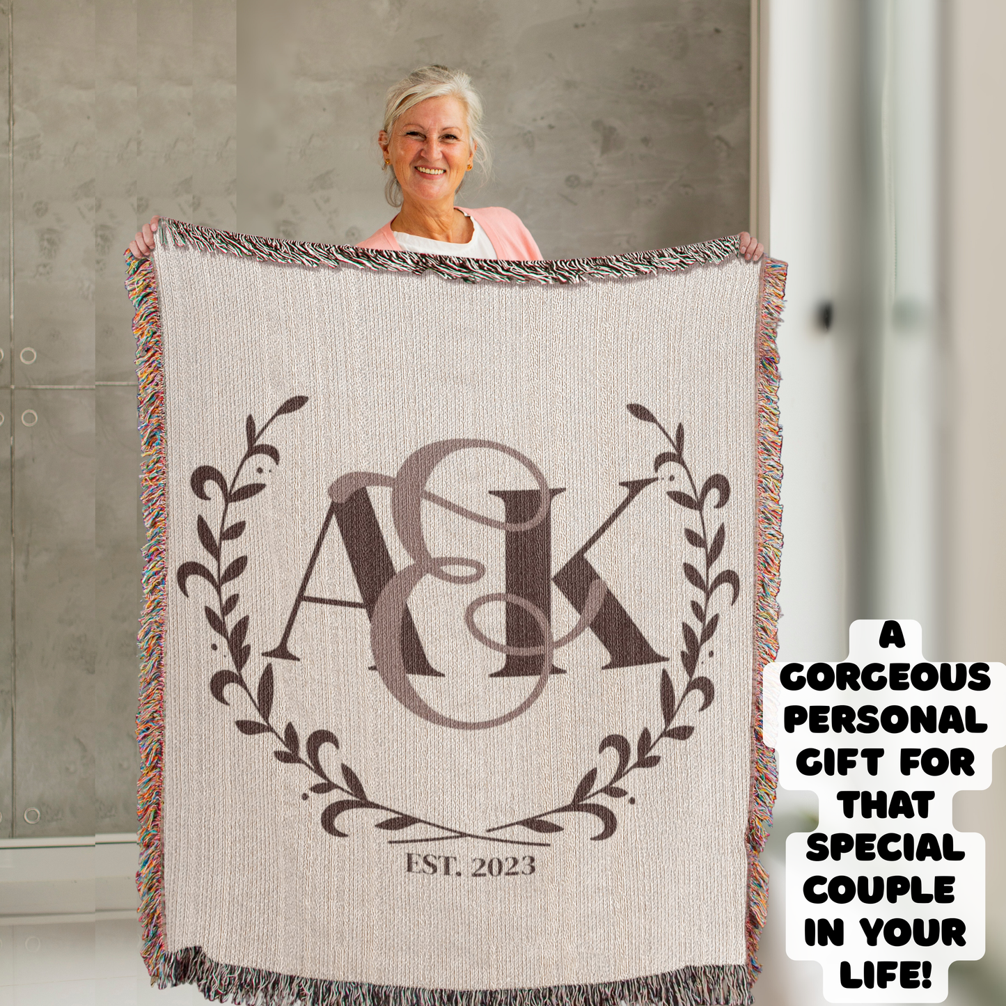 Custom COUPLE Monogram Cotton Blanket Second ANNIVERSARY Gift Personalized Wife Husband Bride Groom Heirloom Woven Throw Dark Cocoa Letters