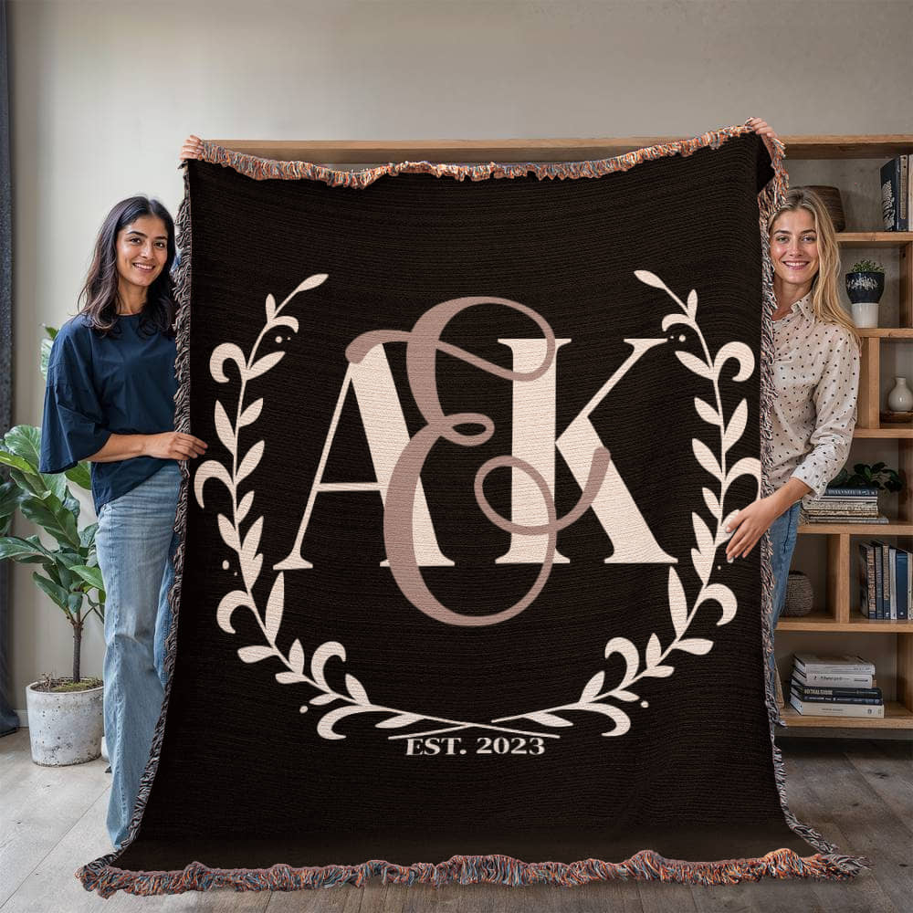 Custom COUPLE Monogram Cotton Blanket Second ANNIVERSARY Engagement Gift Personalized Wife Husband Bride Groom Woven Throw White Letters
