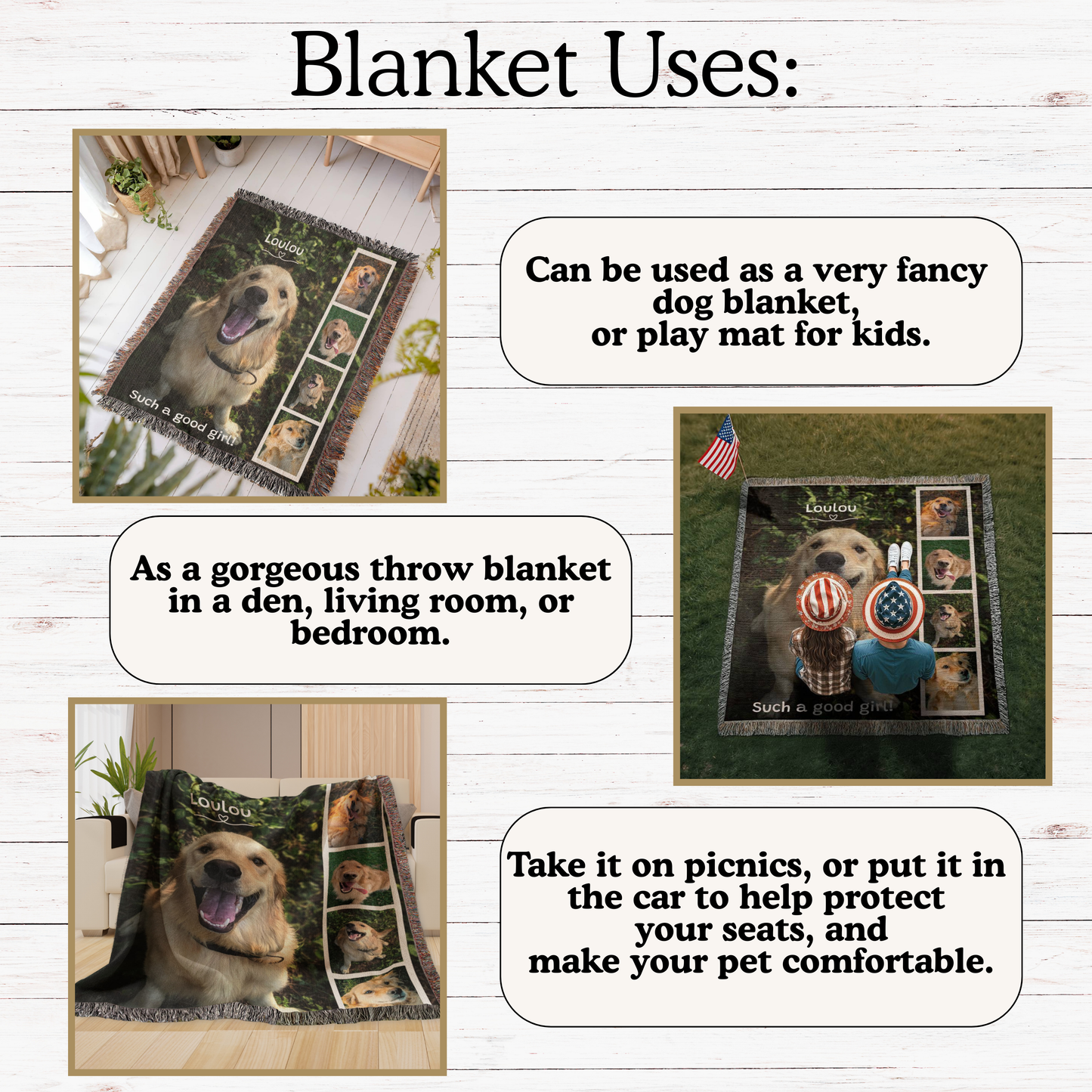 Pet Lover Custom Photo Woven Blanket Gift| Personalized Name & Pictures Dog Lover, Cat Lover Birthday Christmas Housewarming Gift | 3 sizes