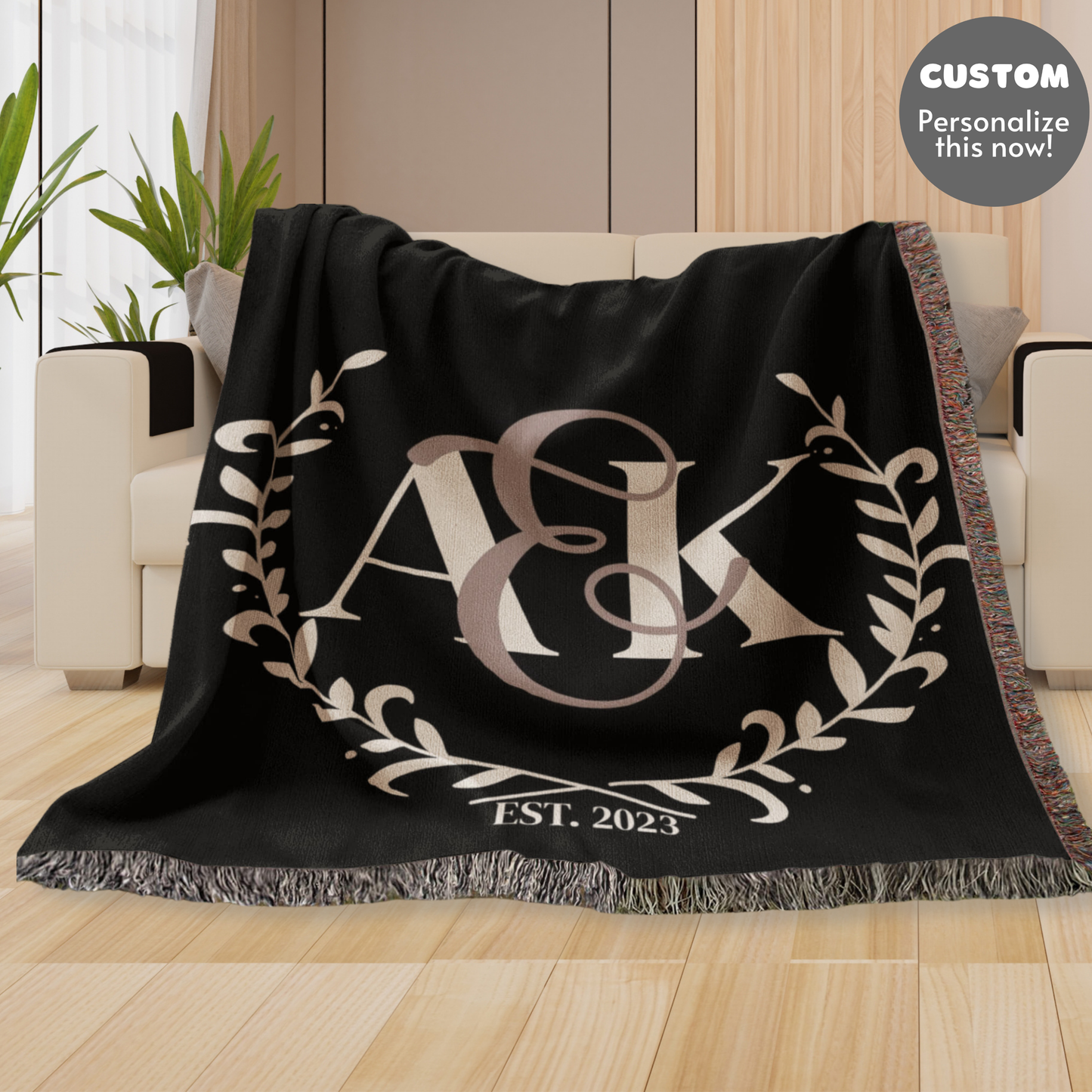 Custom COUPLE Monogram Cotton Blanket Second ANNIVERSARY Engagement Gift Personalized Wife Husband Bride Groom Woven Throw White Letters