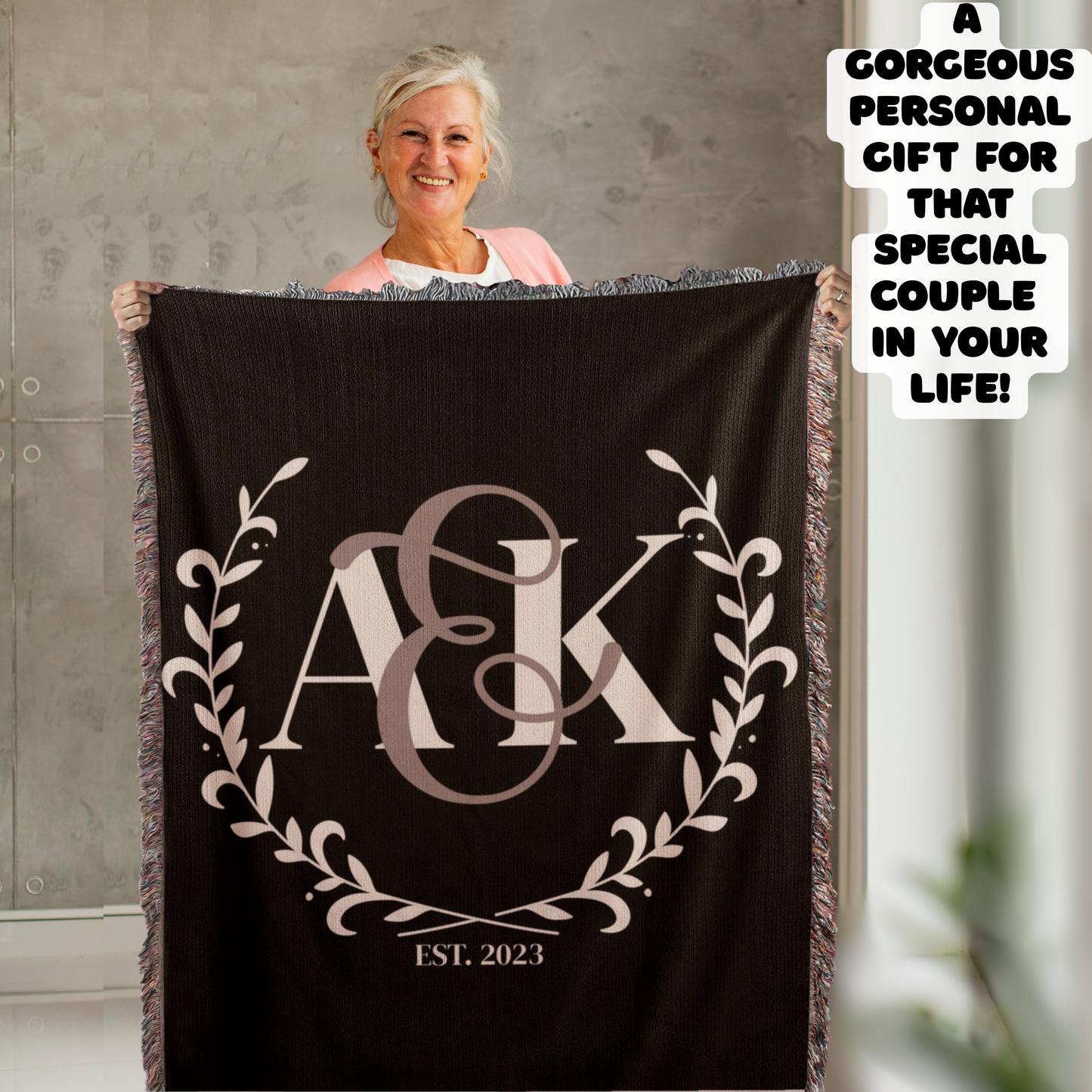 Custom COUPLE Monogram Cotton Blanket Second ANNIVERSARY Engagement Gift Personalized Wife Husband Bride Groom Woven Throw White Letters