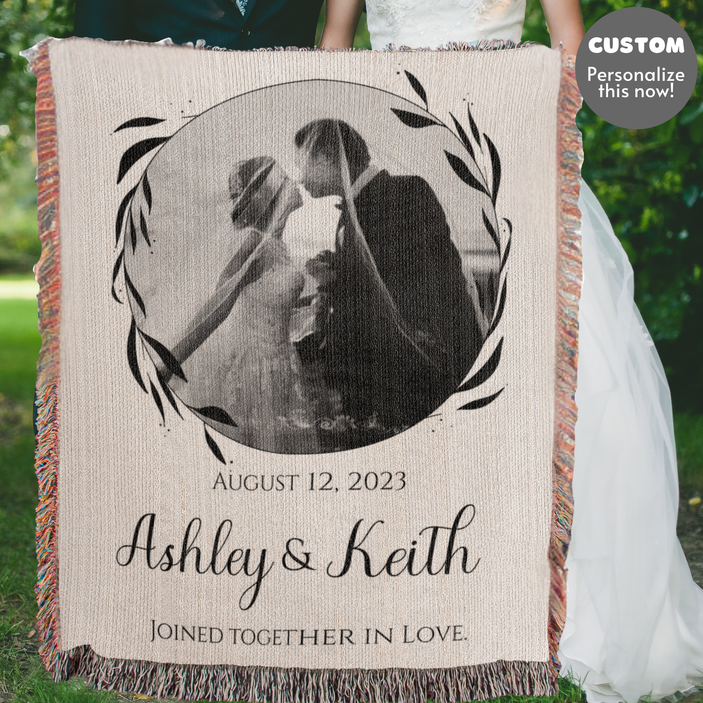 Custom COUPLE Cotton Blanket Second ANNIVERSARY Gift Personalized Photo Names Wife Husband Bride Groom Heirloom Woven Blanket Throw