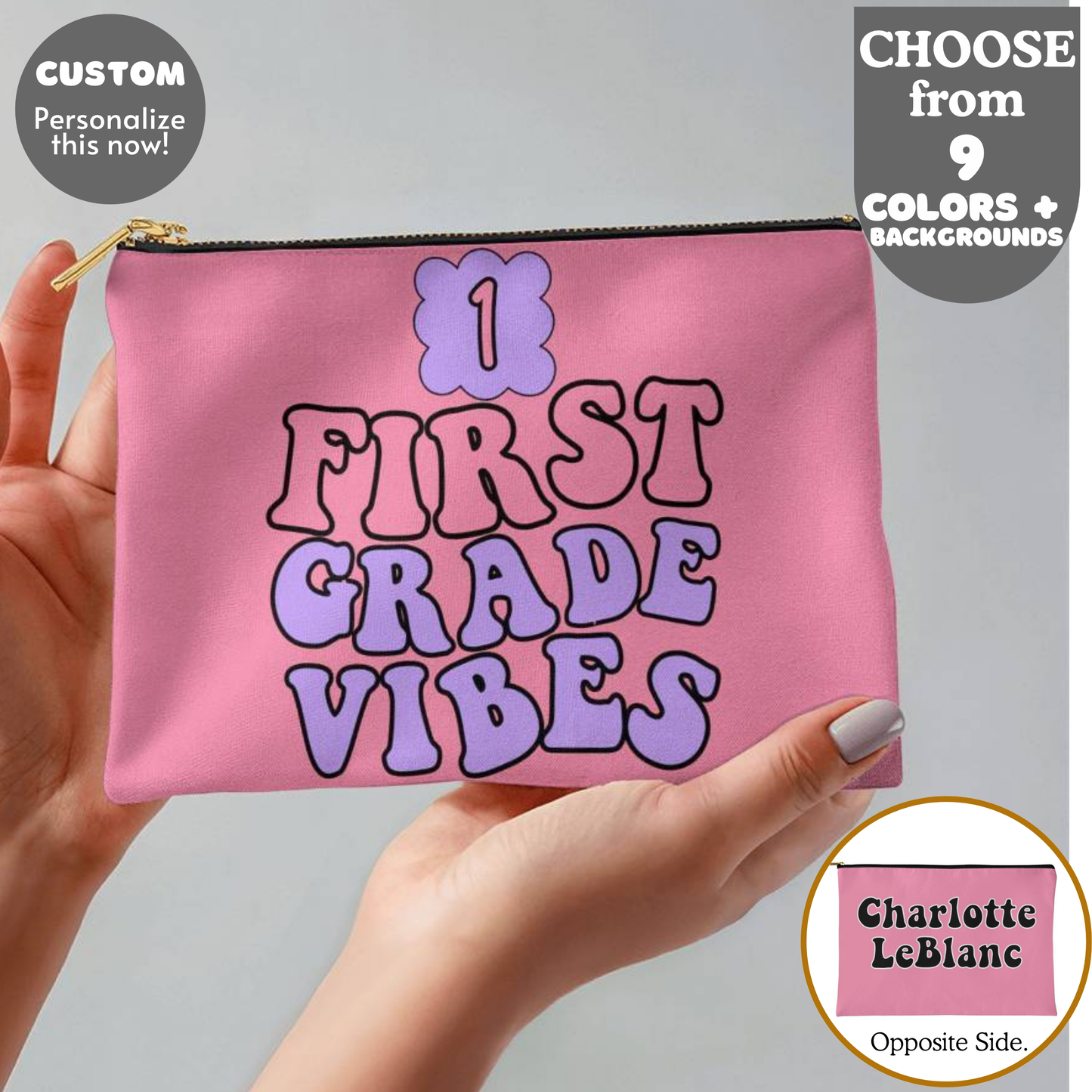Personalized PENCIL CASE: Name, Grade, & Colors Fabric Zippered Pouch Back to School Birthday Gift for Child Boy Girl Gender Neutral