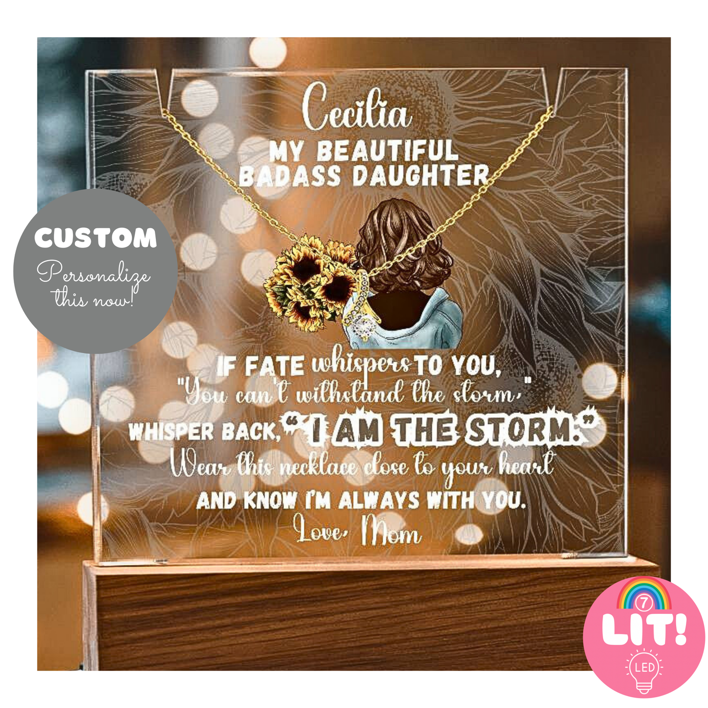 Badass Daughter Gift Bundle: Lit Personalized Keepsake Message & Image AND Alluring Beauty Necklace