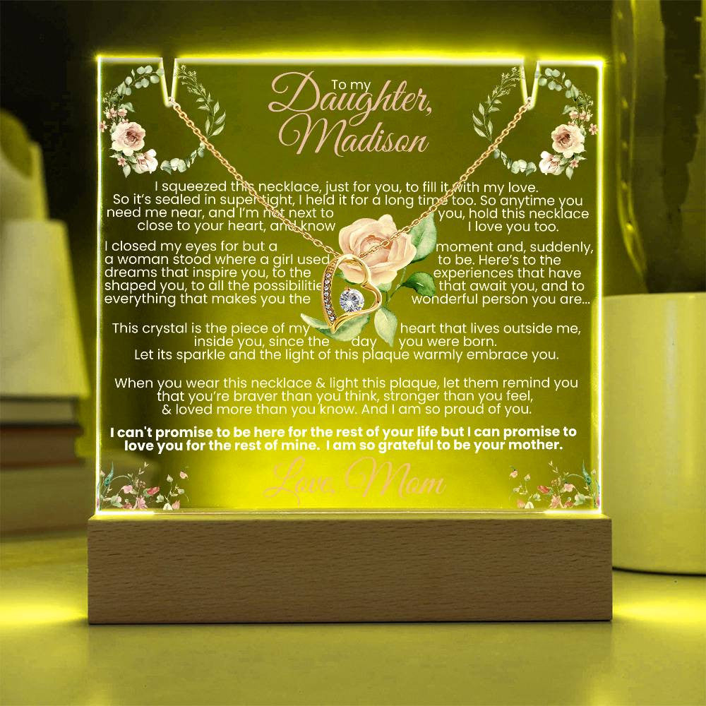 Daughter Glowing Hearts Lit Keepsake Message Plaque & Necklace Gift Bundle