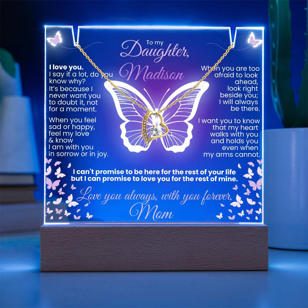 Personalized to My Daughter Butterflies Keepsake Light & Necklace Gift Bundle|Forever Love Heart Necklace-White Gold or Yellow Gold option | Love you forever