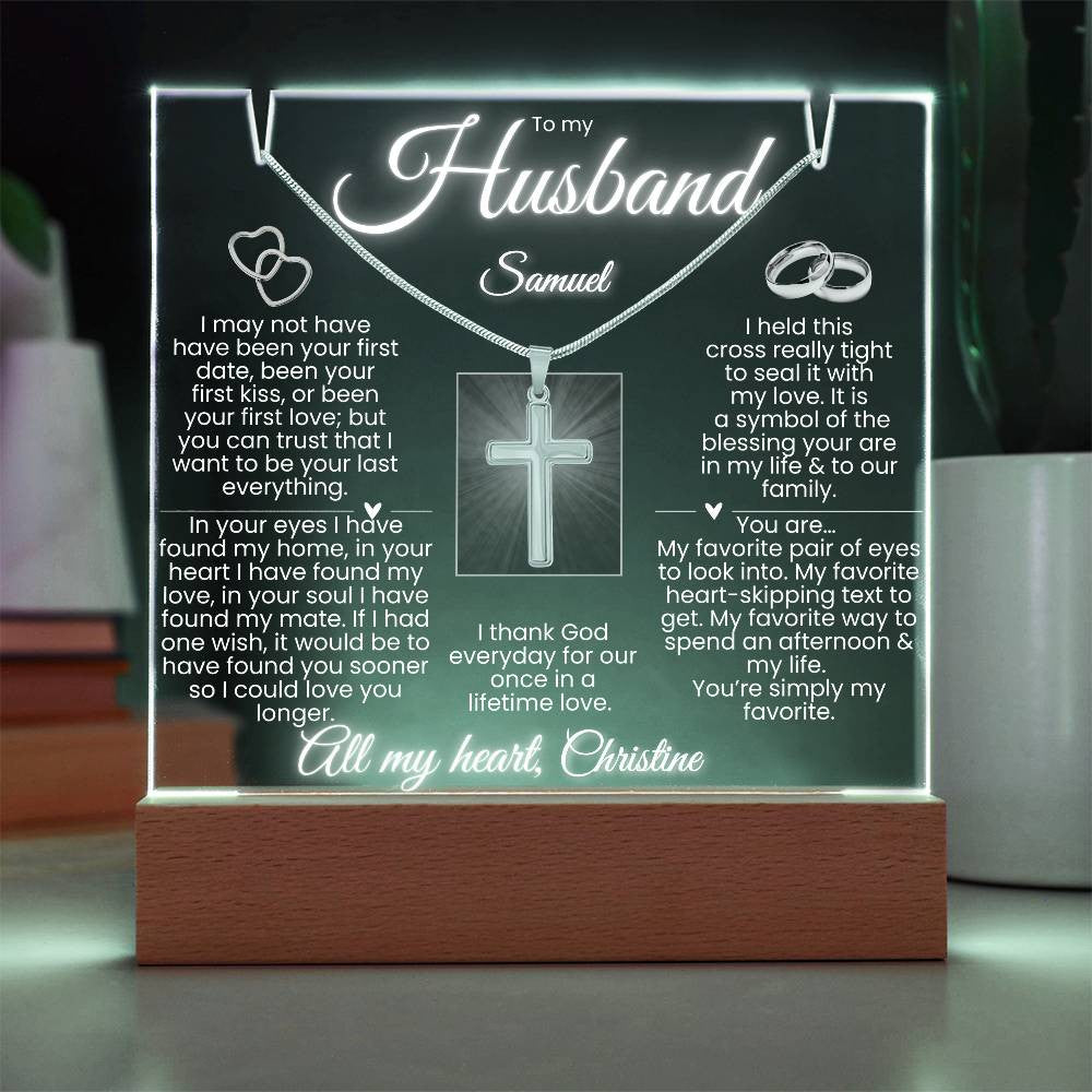 To My Husband - Personalized & Lit Keepsake and Cross Necklace Bundle