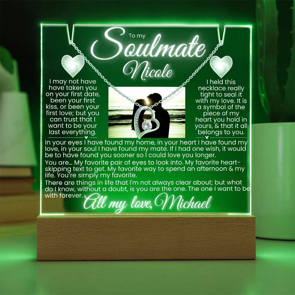 To my Soulmate PERSONALIZED Photo & Names LED Lit Stand and Forever Love Gold Necklace Bundle Gift (acrylic plaque)