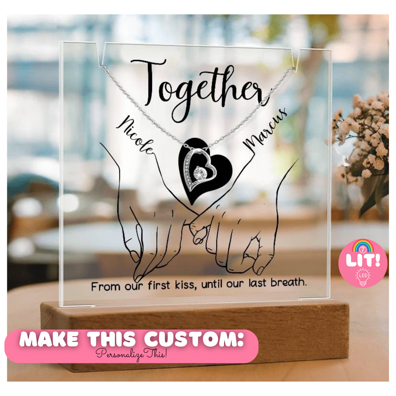 Together Pinky Hold (Black Font) Custom Keepsake Plaque & Necklace Gift Bundle