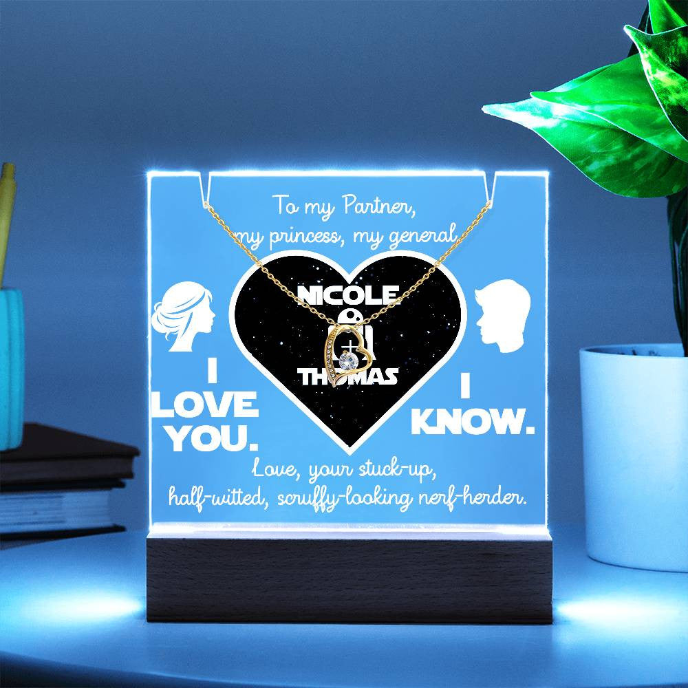 Personalized to my Soulmate, Wife, Girlfriend.I love you.I know. Lit Message Plaque & Forever Love Gold Necklace in White or Yellow Gold