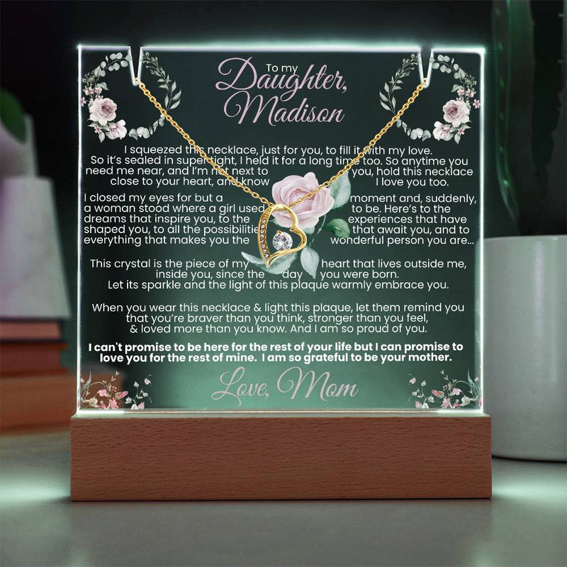 Daughter Wildflowers Dusty Rose Lit Keepsake Message Plaque & Necklace Gift Bundle